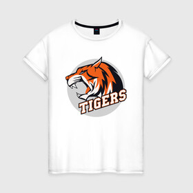 Женская футболка хлопок с принтом Sport Tigers , 100% хлопок | прямой крой, круглый вырез горловины, длина до линии бедер, слегка спущенное плечо | 2022 | animal | cat | lion | sport | tiger | год тигра | животные | зверь | зубы | кот | кошка | лев | охотник | полосатый | природа | спорт | тигр | тигренок | тигрица | хищник