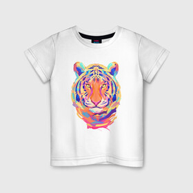 Детская футболка хлопок с принтом Color Tiger , 100% хлопок | круглый вырез горловины, полуприлегающий силуэт, длина до линии бедер | Тематика изображения на принте: 2022 | animal | cat | lion | tiger | год тигра | животные | зверь | зубы | кот | кошка | лев | охотник | полосатый | природа | тигр | тигренок | тигрица | хищник