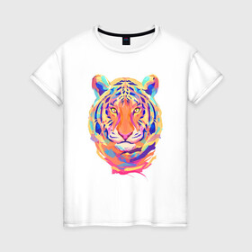 Женская футболка хлопок с принтом Color Tiger , 100% хлопок | прямой крой, круглый вырез горловины, длина до линии бедер, слегка спущенное плечо | 2022 | animal | cat | lion | tiger | год тигра | животные | зверь | зубы | кот | кошка | лев | охотник | полосатый | природа | тигр | тигренок | тигрица | хищник
