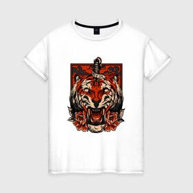 Женская футболка хлопок с принтом Red Tiger , 100% хлопок | прямой крой, круглый вырез горловины, длина до линии бедер, слегка спущенное плечо | 2022 | animal | cat | lion | tiger | год тигра | животные | зверь | зубы | кот | кошка | лев | охотник | полосатый | природа | тигр | тигренок | тигрица | хищник