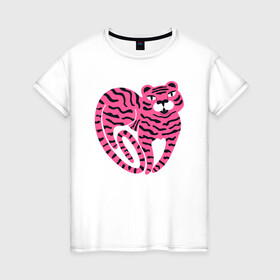 Женская футболка хлопок с принтом Pink Tiger , 100% хлопок | прямой крой, круглый вырез горловины, длина до линии бедер, слегка спущенное плечо | 2022 | animal | cat | lion | tiger | год тигра | животные | зверь | зубы | кот | кошка | лев | охотник | полосатый | природа | тигр | тигренок | тигрица | хищник