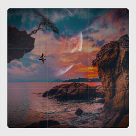 Магнитный плакат 3Х3 с принтом закат на качелях , Полимерный материал с магнитным слоем | 9 деталей размером 9*9 см | берег | закат | звезды | море | планета
