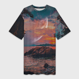 Платье-футболка 3D с принтом закат на качелях ,  |  | берег | закат | звезды | море | планета