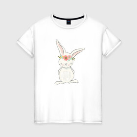 Женская футболка хлопок с принтом милый кролик , 100% хлопок | прямой крой, круглый вырез горловины, длина до линии бедер, слегка спущенное плечо | заяц | кролик. венок | лапы | мода | мультик | персонаж | уши | хвост