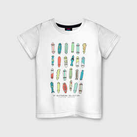 Детская футболка хлопок с принтом Коллекция скейтбордов , 100% хлопок | круглый вырез горловины, полуприлегающий силуэт, длина до линии бедер | доска | иллюстрация | коллекция | скейт | скейтбордист