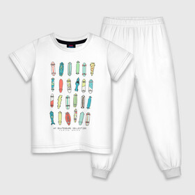 Детская пижама хлопок с принтом Коллекция скейтбордов , 100% хлопок |  брюки и футболка прямого кроя, без карманов, на брюках мягкая резинка на поясе и по низу штанин
 | доска | иллюстрация | коллекция | скейт | скейтбордист