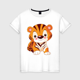 Женская футболка хлопок с принтом Little Tiger , 100% хлопок | прямой крой, круглый вырез горловины, длина до линии бедер, слегка спущенное плечо | 2022 | animal | cat | lion | tiger | год тигра | животные | зверь | зубы | кот | кошка | лев | охотник | полосатый | природа | тигр | тигренок | тигрица | хищник