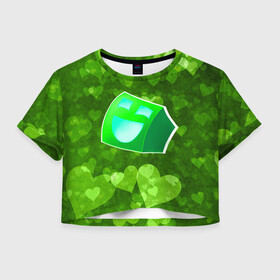 Женская футболка Crop-top 3D с принтом Geometry Dash | Green Love (Z) , 100% полиэстер | круглая горловина, длина футболки до линии талии, рукава с отворотами | 2d | arcade | game | geometry dash | meltdown | robtop | аркада | геометри даш | геометрическая черточка | геометрический тире | раннер