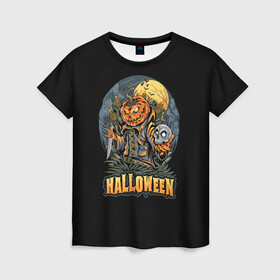 Женская футболка 3D с принтом HALLOWEEN , 100% полиэфир ( синтетическое хлопкоподобное полотно) | прямой крой, круглый вырез горловины, длина до линии бедер | halloween | holiday | pumpkin | samayn | vampire | zombie | вампир | ведьма | вечеринка | день всех святых | зомби | карнавал | маскарад | мертвец | оборотень | привидение | самайн | светильник джека | страшный джек | труп
