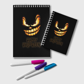 Блокнот с принтом Happy Halloween , 100% бумага | 48 листов, плотность листов — 60 г/м2, плотность картонной обложки — 250 г/м2. Листы скреплены удобной пружинной спиралью. Цвет линий — светло-серый
 | halloween | holiday | pumpkin | samayn | vampire | zombie | вампир | ведьма | вечеринка | день всех святых | зомби | карнавал | маскарад | мертвец | оборотень | привидение | самайн | светильник джека | страшный джек | труп