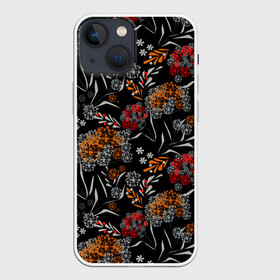 Чехол для iPhone 13 mini с принтом Цветочный модный узор ,  |  | красный и желтый | листья | осенние листья | осенний | темный | укроп | цветочный узор | цветы | черный