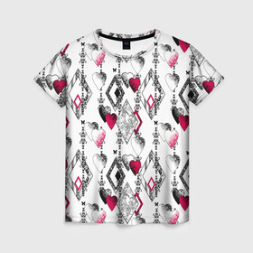 Женская футболка 3D с принтом Абстрактный современный узор  , 100% полиэфир ( синтетическое хлопкоподобное полотно) | прямой крой, круглый вырез горловины, длина до линии бедер | абстрактный | ажурный | бабочки | винтажный | красное сердце | лоскуты | любовь | пэчворк | ретро | сердце | современный | черный и белый