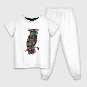 Детская пижама хлопок с принтом Сова на ветке , 100% хлопок |  брюки и футболка прямого кроя, без карманов, на брюках мягкая резинка на поясе и по низу штанин
 | иллюстрация | лист | на ветке | птица | рисунок | сова