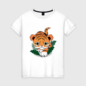 Женская футболка хлопок с принтом Тигр охотник , 100% хлопок | прямой крой, круглый вырез горловины, длина до линии бедер, слегка спущенное плечо | котенок | крадется | листья | милый | охотится | подкрадывается | ползет | тигр | тигренок