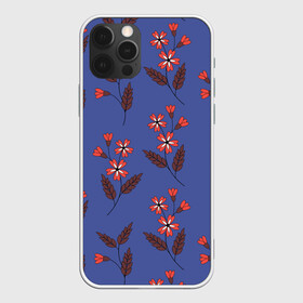 Чехол для iPhone 12 Pro Max с принтом Цветы на синем фоне , Силикон |  | Тематика изображения на принте: 8 марта | flowers | summer | ботаническая иллюстрация | весна | коричневый | красный | лето | листья | любовь | праздник | принт | природа | растения | синий | цветы