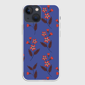 Чехол для iPhone 13 mini с принтом Цветы на синем фоне ,  |  | 8 марта | flowers | summer | ботаническая иллюстрация | весна | коричневый | красный | лето | листья | любовь | праздник | принт | природа | растения | синий | цветы