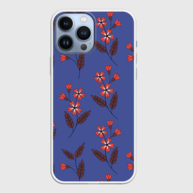 Чехол для iPhone 13 Pro Max с принтом Цветы на синем фоне ,  |  | 8 марта | flowers | summer | ботаническая иллюстрация | весна | коричневый | красный | лето | листья | любовь | праздник | принт | природа | растения | синий | цветы