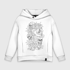 Детское худи Oversize хлопок с принтом Tiger & Skulls tattoo , френч-терри — 70% хлопок, 30% полиэстер. Мягкий теплый начес внутри —100% хлопок | боковые карманы, эластичные манжеты и нижняя кромка, капюшон на магнитной кнопке | Тематика изображения на принте: graphics | hype | jungle | skull | tattoo | tiger | графика | татуировка | тигр | хайп | череп