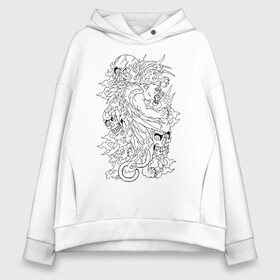 Женское худи Oversize хлопок с принтом Tiger & Skulls tattoo , френч-терри — 70% хлопок, 30% полиэстер. Мягкий теплый начес внутри —100% хлопок | боковые карманы, эластичные манжеты и нижняя кромка, капюшон на магнитной кнопке | graphics | hype | jungle | skull | tattoo | tiger | графика | татуировка | тигр | хайп | череп