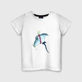 Детская футболка хлопок с принтом Электрический скат с молниями , 100% хлопок | круглый вырез горловины, полуприлегающий силуэт, длина до линии бедер | колчан | молнии | морской | плавники | ремень | рыба | скат | удар током | улыбка | хвост | электричество