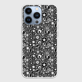 Чехол для iPhone 13 Pro с принтом Кружевной черно белый узор ,  |  | ажурный | ажурный узор | бумажные цветы | детский | женский | завитушки | кружевной узор | цветочное кружево | цветы
