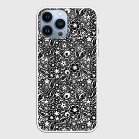 Чехол для iPhone 13 Pro Max с принтом Кружевной черно белый узор ,  |  | Тематика изображения на принте: ажурный | ажурный узор | бумажные цветы | детский | женский | завитушки | кружевной узор | цветочное кружево | цветы