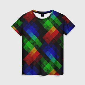 Женская футболка 3D с принтом Разноцветный мраморный узор  , 100% полиэфир ( синтетическое хлопкоподобное полотно) | прямой крой, круглый вырез горловины, длина до линии бедер | абстрактный | зеленый | красный | мраморный | пэчворк | радужный | разноцветный | синий | черный