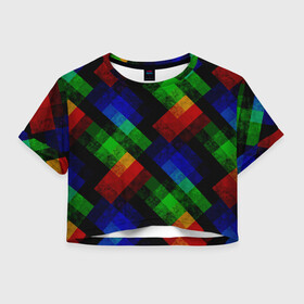 Женская футболка Crop-top 3D с принтом Разноцветный мраморный узор  , 100% полиэстер | круглая горловина, длина футболки до линии талии, рукава с отворотами | абстрактный | зеленый | красный | мраморный | пэчворк | радужный | разноцветный | синий | черный