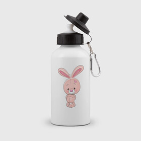 Бутылка спортивная с принтом розовый зайка , металл | емкость — 500 мл, в комплекте две пластиковые крышки и карабин для крепления | Тематика изображения на принте: заяц | кролик | лапы | мягкий | персонаж | розовый | уши | хвост
