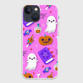 Чехол для iPhone 13 mini с принтом Дневной Хэллоуин ,  |  | background | иллюстрация | книга | конфеты | паутина | призрак | тыква