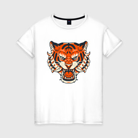 Женская футболка хлопок с принтом Super Tiger , 100% хлопок | прямой крой, круглый вырез горловины, длина до линии бедер, слегка спущенное плечо | 2022 | animal | cat | lion | tiger | год тигра | животные | зверь | зубы | кот | кошка | лев | охотник | полосатый | природа | тигр | тигренок | тигрица | хищник
