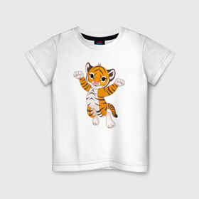 Детская футболка хлопок с принтом Милый тигренок , 100% хлопок | круглый вырез горловины, полуприлегающий силуэт, длина до линии бедер | 2022 | animal | cat | lion | tiger | год тигра | животные | зверь | зубы | кот | кошка | лев | охотник | полосатый | природа | тигр | тигренок | тигрица | хищник