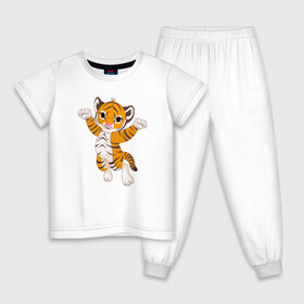Детская пижама хлопок с принтом Милый тигренок , 100% хлопок |  брюки и футболка прямого кроя, без карманов, на брюках мягкая резинка на поясе и по низу штанин
 | 2022 | animal | cat | lion | tiger | год тигра | животные | зверь | зубы | кот | кошка | лев | охотник | полосатый | природа | тигр | тигренок | тигрица | хищник
