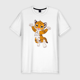 Мужская футболка хлопок Slim с принтом Милый тигренок , 92% хлопок, 8% лайкра | приталенный силуэт, круглый вырез ворота, длина до линии бедра, короткий рукав | 2022 | animal | cat | lion | tiger | год тигра | животные | зверь | зубы | кот | кошка | лев | охотник | полосатый | природа | тигр | тигренок | тигрица | хищник