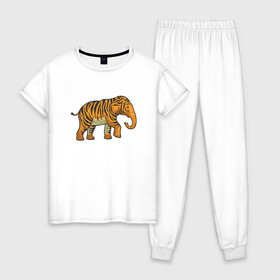 Женская пижама хлопок с принтом Тигровый слон , 100% хлопок | брюки и футболка прямого кроя, без карманов, на брюках мягкая резинка на поясе и по низу штанин | 2022 | animal | cat | elephant | lion | tiger | африка | год тигра | животные | зверь | зубы | кот | кошка | лев | охотник | полосатый | природа | слон | слоненок | тигр | тигренок | тигрица | хищник