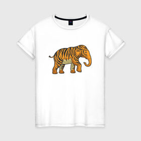 Женская футболка хлопок с принтом Тигровый слон , 100% хлопок | прямой крой, круглый вырез горловины, длина до линии бедер, слегка спущенное плечо | 2022 | animal | cat | elephant | lion | tiger | африка | год тигра | животные | зверь | зубы | кот | кошка | лев | охотник | полосатый | природа | слон | слоненок | тигр | тигренок | тигрица | хищник