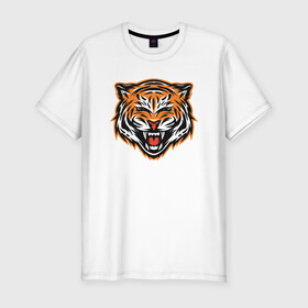 Мужская футболка хлопок Slim с принтом Грозный тигр , 92% хлопок, 8% лайкра | приталенный силуэт, круглый вырез ворота, длина до линии бедра, короткий рукав | 2022 | animal | cat | lion | tiger | год тигра | животные | зверь | зубы | кот | кошка | лев | охотник | полосатый | природа | тигр | тигренок | тигрица | хищник