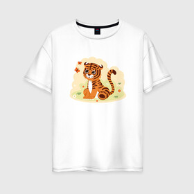 Женская футболка хлопок Oversize с принтом Тигренок и бабочки , 100% хлопок | свободный крой, круглый ворот, спущенный рукав, длина до линии бедер
 | 2022 | animal | cat | lion | tiger | год тигра | животные | зверь | зубы | кот | кошка | лев | охотник | полосатый | природа | тигр | тигренок | тигрица | хищник