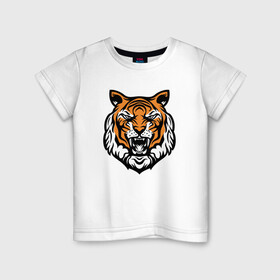 Детская футболка хлопок с принтом Голова тигра , 100% хлопок | круглый вырез горловины, полуприлегающий силуэт, длина до линии бедер | 2022 | animal | cat | lion | tiger | год тигра | животные | зверь | зубы | кот | кошка | лев | охотник | полосатый | природа | тигр | тигренок | тигрица | хищник