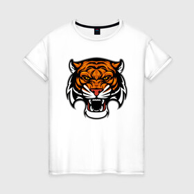 Женская футболка хлопок с принтом Оскал , 100% хлопок | прямой крой, круглый вырез горловины, длина до линии бедер, слегка спущенное плечо | 2022 | animal | cat | lion | tiger | год тигра | животные | зверь | зубы | кот | кошка | лев | охотник | полосатый | природа | тигр | тигренок | тигрица | хищник