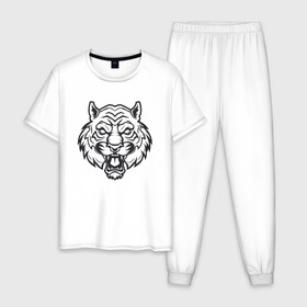 Мужская пижама хлопок с принтом White Tiger , 100% хлопок | брюки и футболка прямого кроя, без карманов, на брюках мягкая резинка на поясе и по низу штанин
 | 2022 | animal | cat | lion | tiger | год тигра | животные | зверь | зубы | кот | кошка | лев | охотник | полосатый | природа | тигр | тигренок | тигрица | хищник