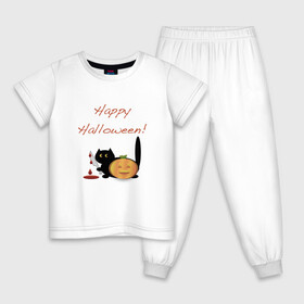 Детская пижама хлопок с принтом Happy Halloween! , 100% хлопок |  брюки и футболка прямого кроя, без карманов, на брюках мягкая резинка на поясе и по низу штанин
 | halloween | hallowin | hellowin | котик | страшилка | тыква | хэллоувин