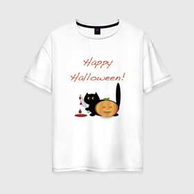 Женская футболка хлопок Oversize с принтом Happy Halloween! , 100% хлопок | свободный крой, круглый ворот, спущенный рукав, длина до линии бедер
 | halloween | hallowin | hellowin | котик | страшилка | тыква | хэллоувин