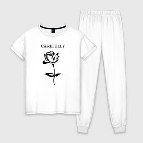 Женская пижама хлопок с принтом Роза , 100% хлопок | брюки и футболка прямого кроя, без карманов, на брюках мягкая резинка на поясе и по низу штанин | careful | rose | thorns | осторожно | роза | шипы