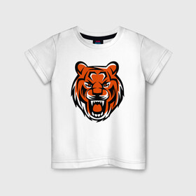 Детская футболка хлопок с принтом Злобный тигр , 100% хлопок | круглый вырез горловины, полуприлегающий силуэт, длина до линии бедер | 2022 | animal | cat | lion | tiger | год тигра | животные | зверь | зубы | кот | кошка | лев | охотник | полосатый | природа | тигр | тигренок | тигрица | хищник