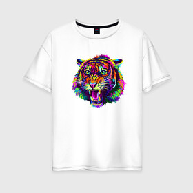 Женская футболка хлопок Oversize с принтом Color Tiger , 100% хлопок | свободный крой, круглый ворот, спущенный рукав, длина до линии бедер
 | 2022 | animal | cat | lion | tiger | год тигра | животные | зверь | зубы | кот | кошка | лев | охотник | полосатый | природа | тигр | тигренок | тигрица | хищник