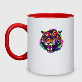 Кружка двухцветная с принтом Color Tiger , керамика | объем — 330 мл, диаметр — 80 мм. Цветная ручка и кайма сверху, в некоторых цветах — вся внутренняя часть | 2022 | animal | cat | lion | tiger | год тигра | животные | зверь | зубы | кот | кошка | лев | охотник | полосатый | природа | тигр | тигренок | тигрица | хищник