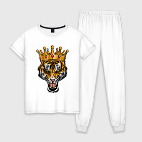 Женская пижама хлопок с принтом Царь тигр , 100% хлопок | брюки и футболка прямого кроя, без карманов, на брюках мягкая резинка на поясе и по низу штанин | 2022 | animal | cat | lion | tiger | год тигра | животные | зверь | зубы | кот | кошка | лев | охотник | полосатый | природа | тигр | тигренок | тигрица | хищник