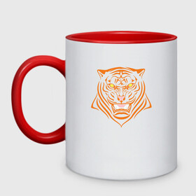 Кружка двухцветная с принтом Orange Tiger , керамика | объем — 330 мл, диаметр — 80 мм. Цветная ручка и кайма сверху, в некоторых цветах — вся внутренняя часть | 2022 | animal | cat | lion | tiger | год тигра | животные | зверь | зубы | кот | кошка | лев | охотник | полосатый | природа | тигр | тигренок | тигрица | хищник