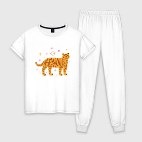 Женская пижама хлопок с принтом Be Wild , 100% хлопок | брюки и футболка прямого кроя, без карманов, на брюках мягкая резинка на поясе и по низу штанин | 2022 | animal | cat | lion | tiger | год тигра | животные | зверь | зубы | кот | кошка | лев | охотник | полосатый | природа | тигр | тигренок | тигрица | хищник